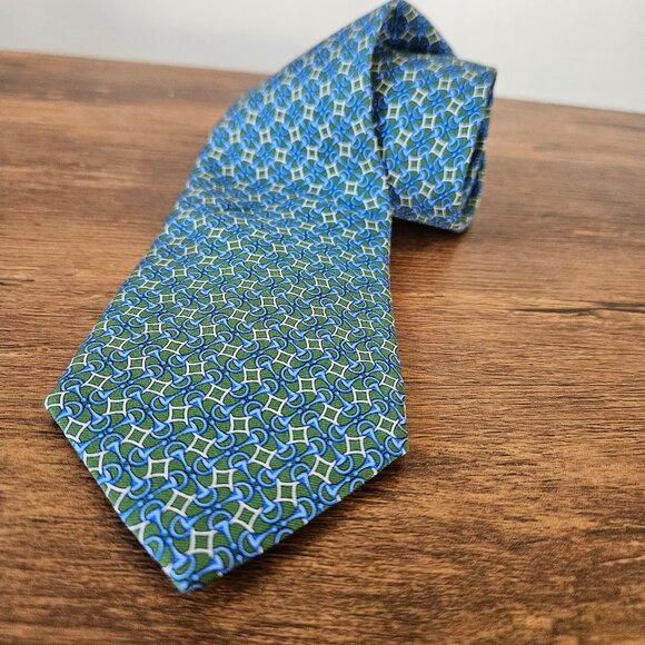 Brooks Brothers Silk Print Tie Horse Bit Green Blue Italy USA Preppy Equestrian - Picture 1 of 7